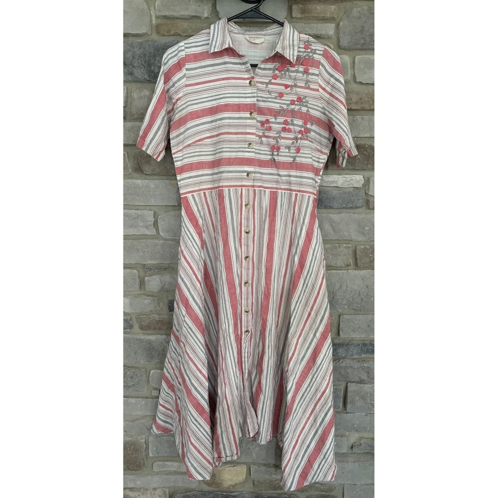 Bombay Paisley Striped Embroidered Cotton Dress Red Boho Cottagecore Vintage S
